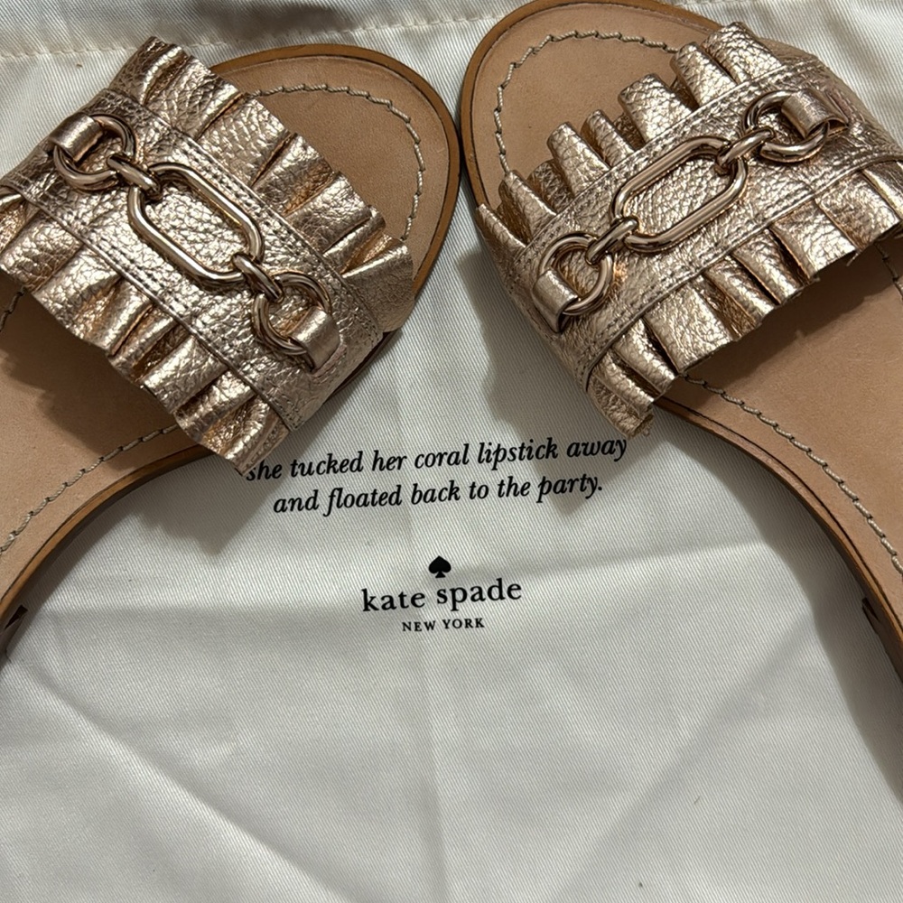 KATE SPADE NEW YORK BEAU FLATS ROSE GOLD METALLIC LEATHER SLIDE SIZE 7.5M - Picture 4 of 11